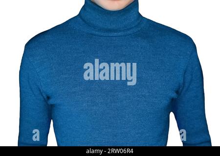 Uomo magro in stile blu dolcevita su sfondo bianco isolato, primo piano. Foto Stock