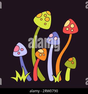 Stampa poster retrò con funghi hippie. Funghi astratti psichedelici velenosi in stile di illustrazione degli anni '70 o '80. Magic Groovy Mystical Boho Fantastic fungus, typography drawing art Vector Illustrazione Vettoriale