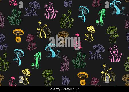 I funghi rendono elegante il motivo hippie retrò senza cuciture. Funghi astratti psichedelici velenosi sfondo infinito, avvolgitore in stile lineare doodle. Stampa di ornamenti con fantasia e funzione fungo Illustrazione Vettoriale