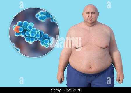 Uomo sovrappeso e molecola di colesterolo, illustrazione Foto Stock