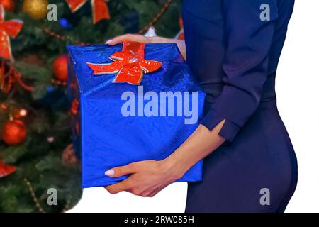 Una ragazza tiene una scatola in un film regalo blu regalo di Capodanno sullo sfondo di un abete rosso, primo piano, isolato. Foto Stock