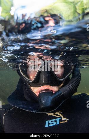 Un selfie di un esperto di snorkeling sul fiume e snorkeling in un ruscello negli Stati Uniti orientali. Foto Stock