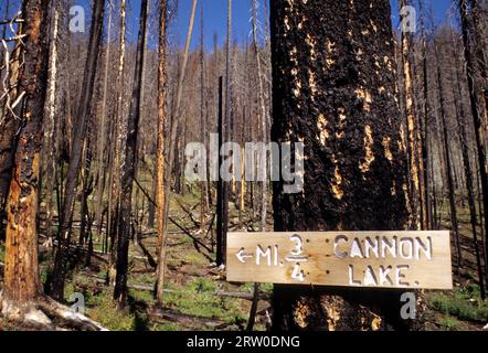 Segnaletica nella zona dei vigili del fuoco lungo Boise Trail, Hells Canyon Wilderness, Hells Canyon National Recreation area, Idaho Foto Stock