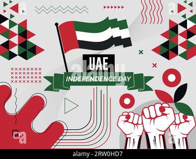 Banner della giornata nazionale UEA con mappa, colori bandiera degli emirati arabi uniti sfondo a tema e design geometrico astratto retrò moderno e colorato Illustrazione Vettoriale