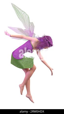 Magica fata in costume verde viola con ali, illustrazione 3D. Foto Stock