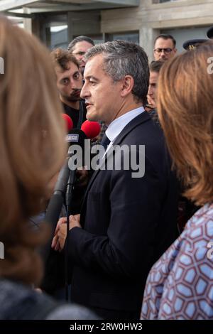 Marsiglia, Francia. 12 settembre 2023. Gerald Darmanin parla con la stampa. Gerald Darmanin, ministro francese dell'interno e dei territori d'oltremare, inaugura i nuovi edifici della sezione della polizia RAID a Marsiglia. (Foto di Laurent Coust/SOPA Images/Sipa USA) credito: SIPA USA/Alamy Live News Foto Stock