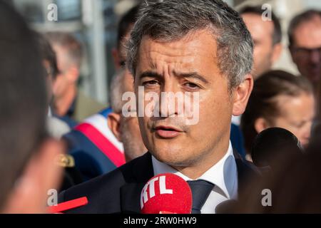 Marsiglia, Francia. 12 settembre 2023. Gerald Darmanin parla con la stampa. Gerald Darmanin, ministro francese dell'interno e dei territori d'oltremare, inaugura i nuovi edifici della sezione della polizia RAID a Marsiglia. (Foto di Laurent Coust/SOPA Images/Sipa USA) credito: SIPA USA/Alamy Live News Foto Stock