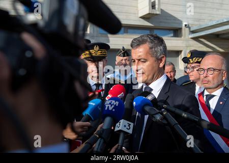 Marsiglia, Francia. 12 settembre 2023. Gerald Darmanin parla con la stampa. Gerald Darmanin, ministro francese dell'interno e dei territori d'oltremare, inaugura i nuovi edifici della sezione della polizia RAID a Marsiglia. Credito: SOPA Images Limited/Alamy Live News Foto Stock