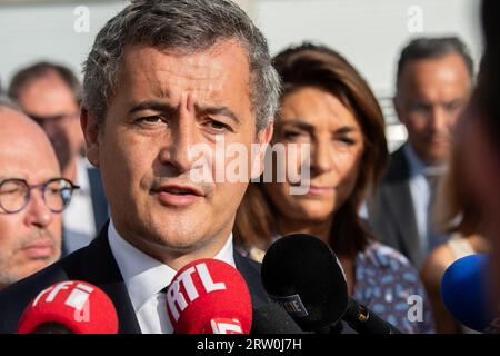 Marsiglia, Bouches Du Rhone, Francia. 12 settembre 2023. Gerald Darmanin parla con la stampa. Gerald Darmanin, ministro francese dell'interno e dei territori d'oltremare, inaugura i nuovi edifici della sezione della polizia RAID a Marsiglia. (Immagine di credito: © Laurent Coust/SOPA Images via ZUMA Press Wire) SOLO PER USO EDITORIALE! Non per USO commerciale! Foto Stock