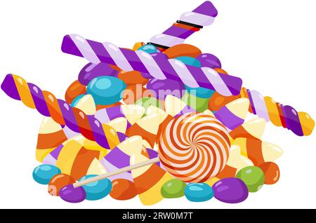 Dolce pila di caramelle diverse. Dolci vari per i bambini per le vacanze. Dolci multicolori. Illustrazione vettoriale. Illustrazione Vettoriale