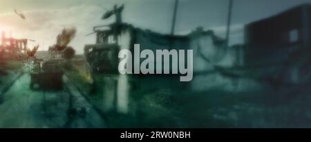 Esercito, zona di guerra e apocalisse con conflitti sul campo di battaglia per militari, lancio di missili nucleari ed esplosioni. Guerriero, bomba e attacco con il bersaglio Foto Stock