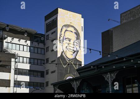 Murale di Nelson Mandela, combattente per la libertà ed ex presidente, Central Business District, Johannesburg, provincia di Gauteng, Sudafrica Foto Stock