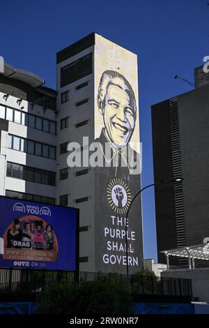 Murale di Nelson Mandela, combattente per la libertà ed ex presidente, Central Business District, Johannesburg, provincia di Gauteng, Sudafrica Foto Stock