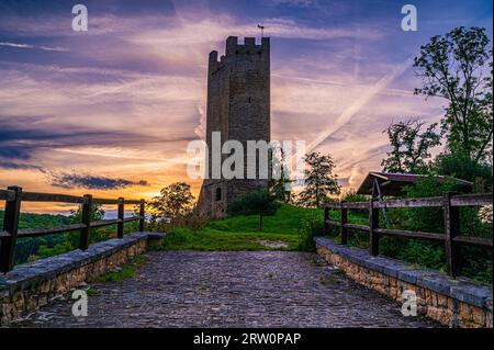 Rovine del castello di Tautenburg con ponte medievale in primo piano al tramonto, Tautenburg, Turingia, Germania Foto Stock