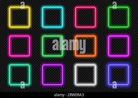 Set di quadrati per profilati al neon. Bordi arrotondati e luminosi del rettangolo. Elementi dell'interfaccia utente del pulsante di azione forma geometrica con spazio di copia. Viola, blu, rosa Illustrazione Vettoriale
