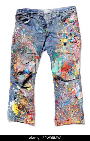 Old Jeans ricoperti di vernici acriliche da artista Foto Stock