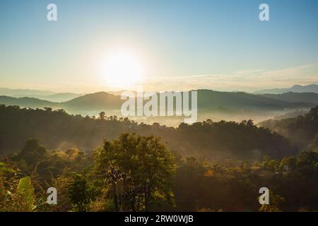 Vista panoramica del paesaggio boscoso pendio di montagna in nebbia e nuvole all'alba, montagne Himalaya in Himachal Pradesh, India Foto Stock