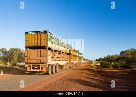 Gemtree, Australia, 6 luglio 2015: Un iconico treno stradale australiano a 3 rimorchi viaggia lungo la Plenty Hwy vicino a Gemtree, nel territorio del Nord, in Australia Foto Stock