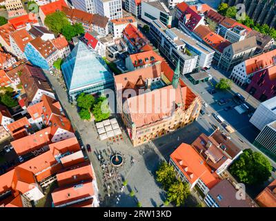 Ulm Minster o Ulmer Munster vista panoramica aerea, una chiesa luterana situata a Ulm, Germania. Attualmente è la chiesa più alta del mondo. Foto Stock