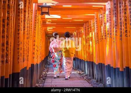 Kyoto, Giappone, 13 dicembre 2014: Due geisha che camminano attraverso le porte arancioni chiamate torii al santuario Fushimi Inari Foto Stock
