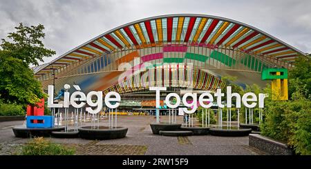 Stazione ferroviaria di Liegi-Guillemins, architetto Santiago Calatrava con l'installazione di Daniel Buren e il carattere Liegi Together, Luettich Foto Stock