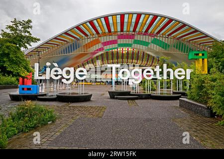 Stazione ferroviaria di Liegi-Guillemins, architetto Santiago Calatrava con l'installazione di Daniel Buren e il carattere Liegi Together, Luettich Foto Stock