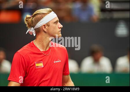 Valencia, Spagna. 15 settembre 2023. Alejandro Davidovich Fokina, spagnolo, visto in azione durante le finali di Coppa Davis di Valencia, gruppo C, Spagna vs Serbia, partita 2 allo stadio Fuente de San Luis. Punteggio finale: Spagna 0:2 Serbia credito: SOPA Images Limited/Alamy Live News Foto Stock