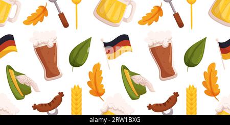Modello senza cuciture con oggetti del festival della birra tedesca come la bandiera tedesca, il grano, il cappello tirolese, foglie diverse, un bicchiere di birra scura e chiara Illustrazione Vettoriale