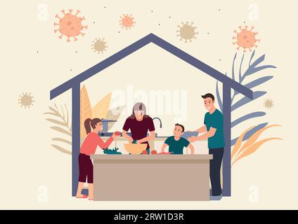 Semplice illustrazione vettoriale piatta del soggiorno della famiglia a casa facendo attività quotidiane insieme. Quarantena o autoisolamento durante la pandemia di covid-19 Illustrazione Vettoriale
