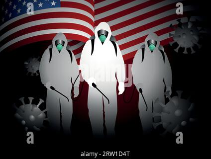 Uomini in abiti di nocciola che trasportano spray disinfettanti con bandiera USA o insegne come sfondo. Concetto di lotta contro la pandemia di coronavirus Illustrazione Vettoriale