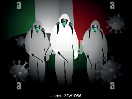 Uomini in abiti di nocciola che trasportano spray disinfettanti con bandiera o insegne Italia come sfondo. Concetto di lotta contro la pandemia di coronavirus Illustrazione Vettoriale