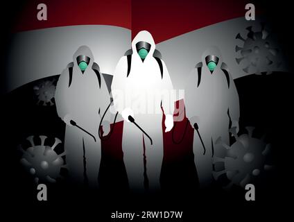 Uomini in abiti di nocciola che trasportano spray disinfettanti con bandiera Indonesia o insegne come sfondo. Concetto di lotta contro la pandemia di coronavirus Illustrazione Vettoriale