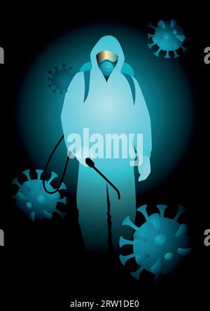 Uomo in costume di nocciola che trasporta spray disinfettante. Concetto di lotta contro la pandemia di coronavirus Illustrazione Vettoriale