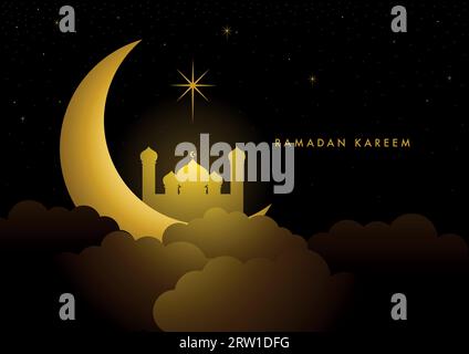 Illustrazione vettoriale del saluto del Ramadan Kareem con luna a mezzaluna e moschea sulle nuvole Illustrazione Vettoriale