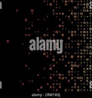 Accattivante sfondo a matrice in colori giallo/arancione. Griglia di simboli tibetani casuali. Illustrazione del vettore quadrato radiante. Illustrazione Vettoriale