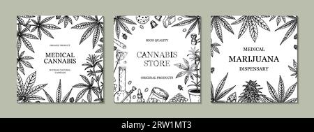 Design quadrato cannabis per packaging, post sui social media, decorazione di negozi, branding, certificati. Serie di illustrazioni vettoriali di marijuana in sketch sty Illustrazione Vettoriale