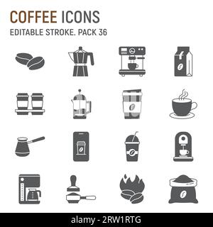 Set di icone con glifi del caffè, collezione di coffee shop, grafica vettoriale, illustrazioni dei logo, icone vettoriali di caffeina, cartelli caffè, pittogrammi pieni, tratto modificabile Illustrazione Vettoriale