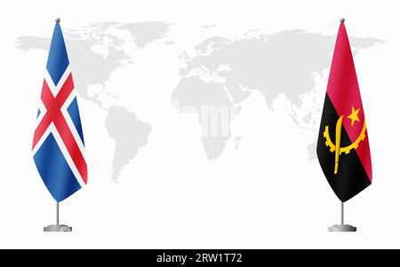 Bandiere islandesi e angolane per incontri ufficiali sullo sfondo della mappa mondiale. Illustrazione Vettoriale