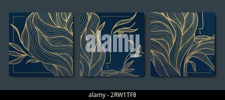 Set vettoriale di modelli floreali, carte di bellezza, sfondi. Striscioni quadrati, cornici, motivi dorati premuim in stile giapponese. Disegno del volto di una donna. Cosmet Illustrazione Vettoriale