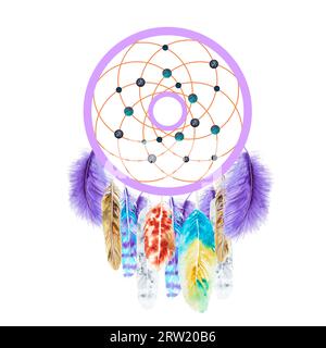 Illustrazione ad acquerello di un catcher di sogni con piume e perline. disegno manuale. Foto Stock