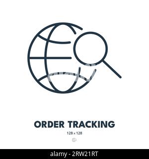 Icona di monitoraggio ordini. Spedizione, consegna, pacchetto. Tratto modificabile. Icona vettore semplice Illustrazione Vettoriale