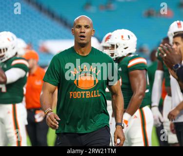 Allenatore della difesa Jason Taylor, Miami Hurricanes 48 contro Bethune Cookman, NCAA, 7, 14 settembre 2023, Hard Rock Stadium, foto: Chris Arjoon/Credit Foto Stock