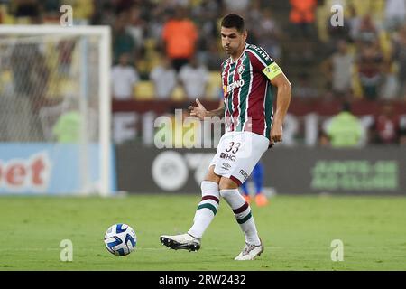 Rio de Janeiro, Brasile, 18 aprile 2023. Il calciatore Nino della squadra di Fluminense celebra il suo gol, durante una partita contro lo Stonge per la LIBE Foto Stock