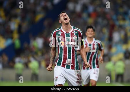 Rio de Janeiro, Brasile, 18 aprile 2023. Il calciatore Nino della squadra di Fluminense celebra il suo gol, durante una partita contro lo Stonge per la LIBE Foto Stock