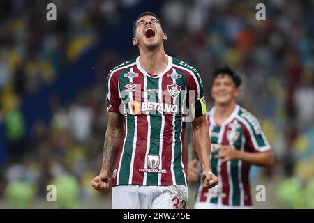 Rio de Janeiro, Brasile, 18 aprile 2023. Il calciatore Nino della squadra di Fluminense celebra il suo gol, durante una partita contro lo Stonge per la LIBE Foto Stock