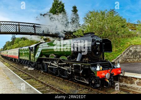 Treno a vapore Flying Scotsman sotto il ponte pedonale il treno arriva alla stazione Boat of Garten in Scozia Foto Stock