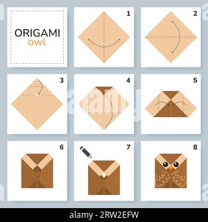 Tutorial Origami per bambini. Origami, grazioso gufo. Illustrazione Vettoriale