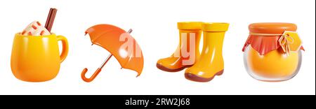 Set di illustrazioni di rendering 3d con elementi decorativi autunnali Foto Stock