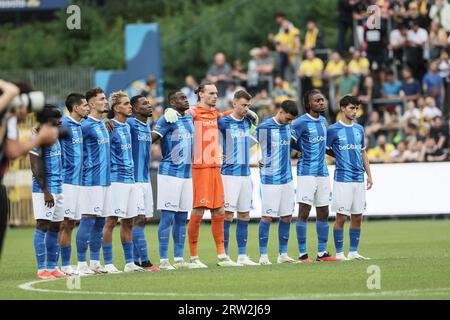 Bruxelles, Belgio. 16 settembre 2023. I giocatori di Genk raffigurati all'inizio di una partita di calcio tra Royale Union Saint-Gilloise e KRC Genk, sabato 16 settembre 2023 a Bruxelles, il giorno 07 della stagione 2023-2024 della prima divisione del campionato belga "Jupiler Pro League". BELGA PHOTO BRUNO FAHY Credit: Belga News Agency/Alamy Live News Foto Stock