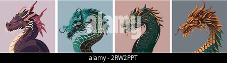 raccolta di draghi vettoriali. Set di simbolo del Capodanno cinese - drago. Grafica drago viola, verde, oro e grigio Illustrazione Vettoriale